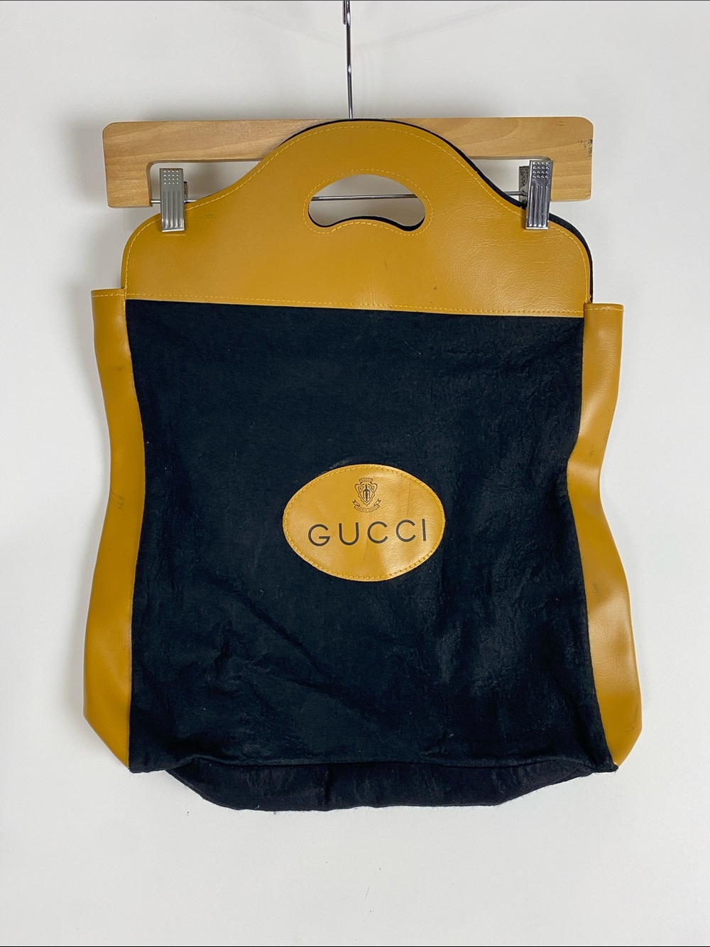 Vintage GUCCI Black Felt Wool Faux Leather Crest Tote Dust Bag